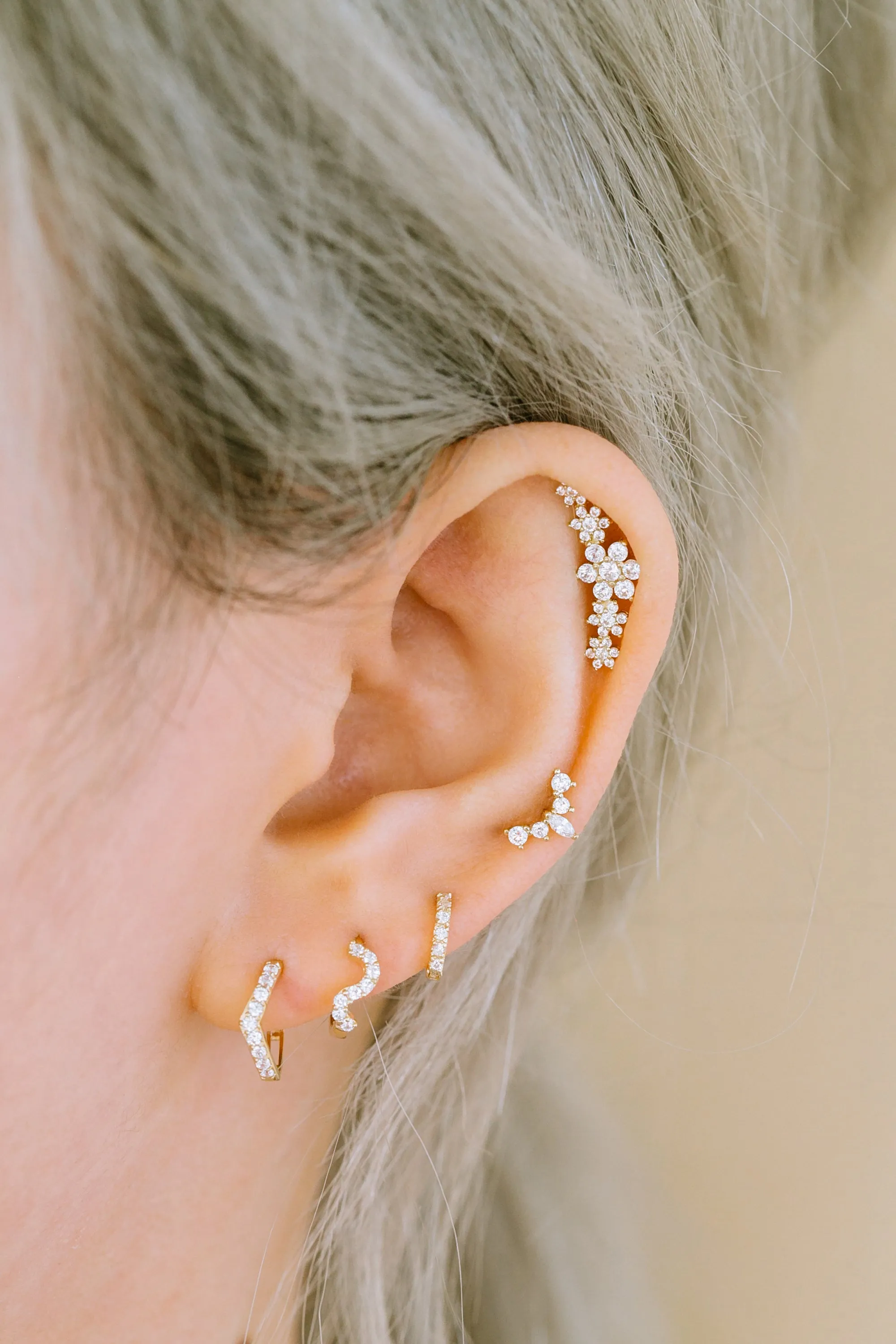 14K Solid Gold Cz Wave Tragus Cartilage Helix Piercing Earrings Huggie Hoop Right And Left Rings