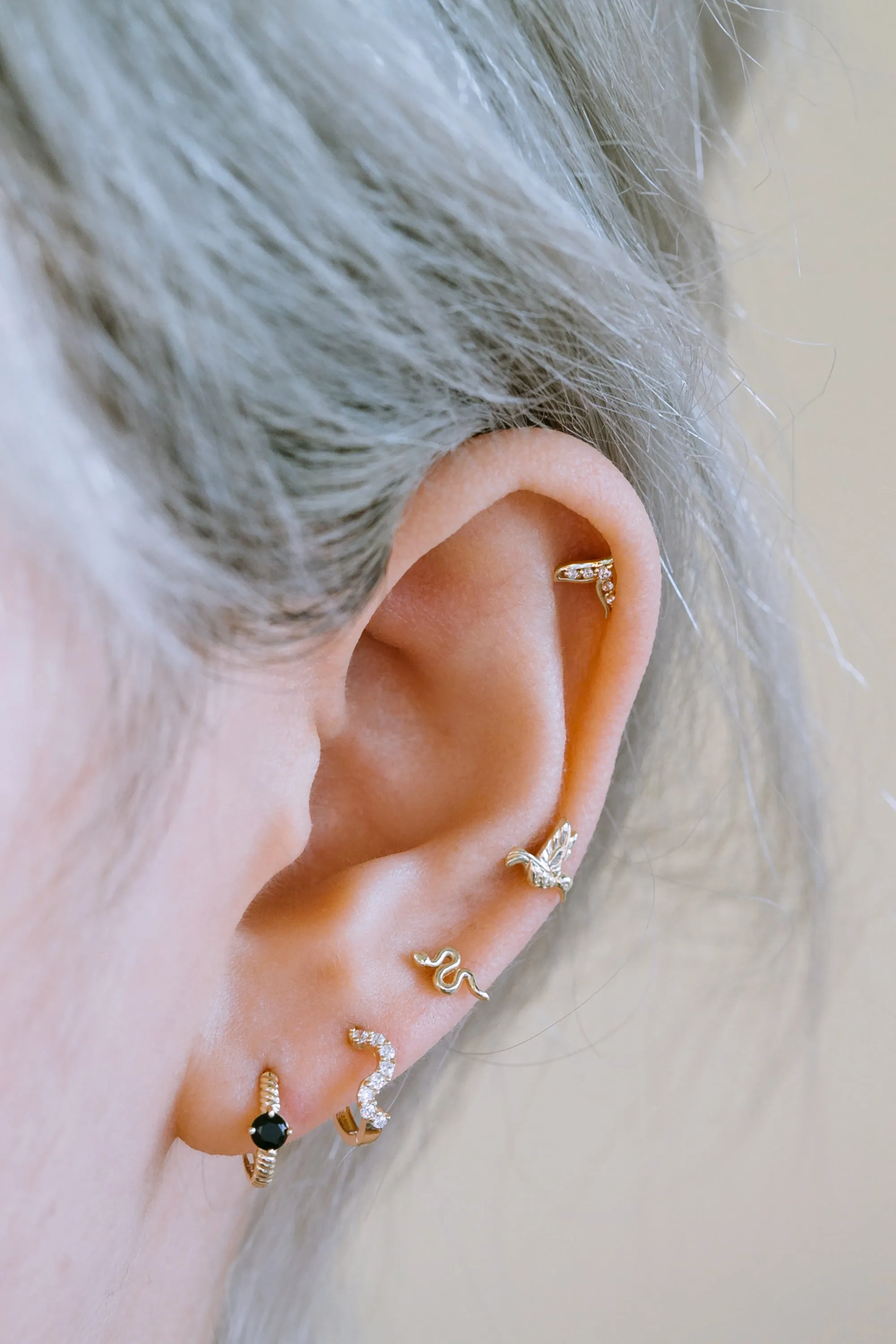 14K Solid Gold Cz Wave Tragus Cartilage Helix Piercing Earrings Huggie Hoop Right And Left Rings