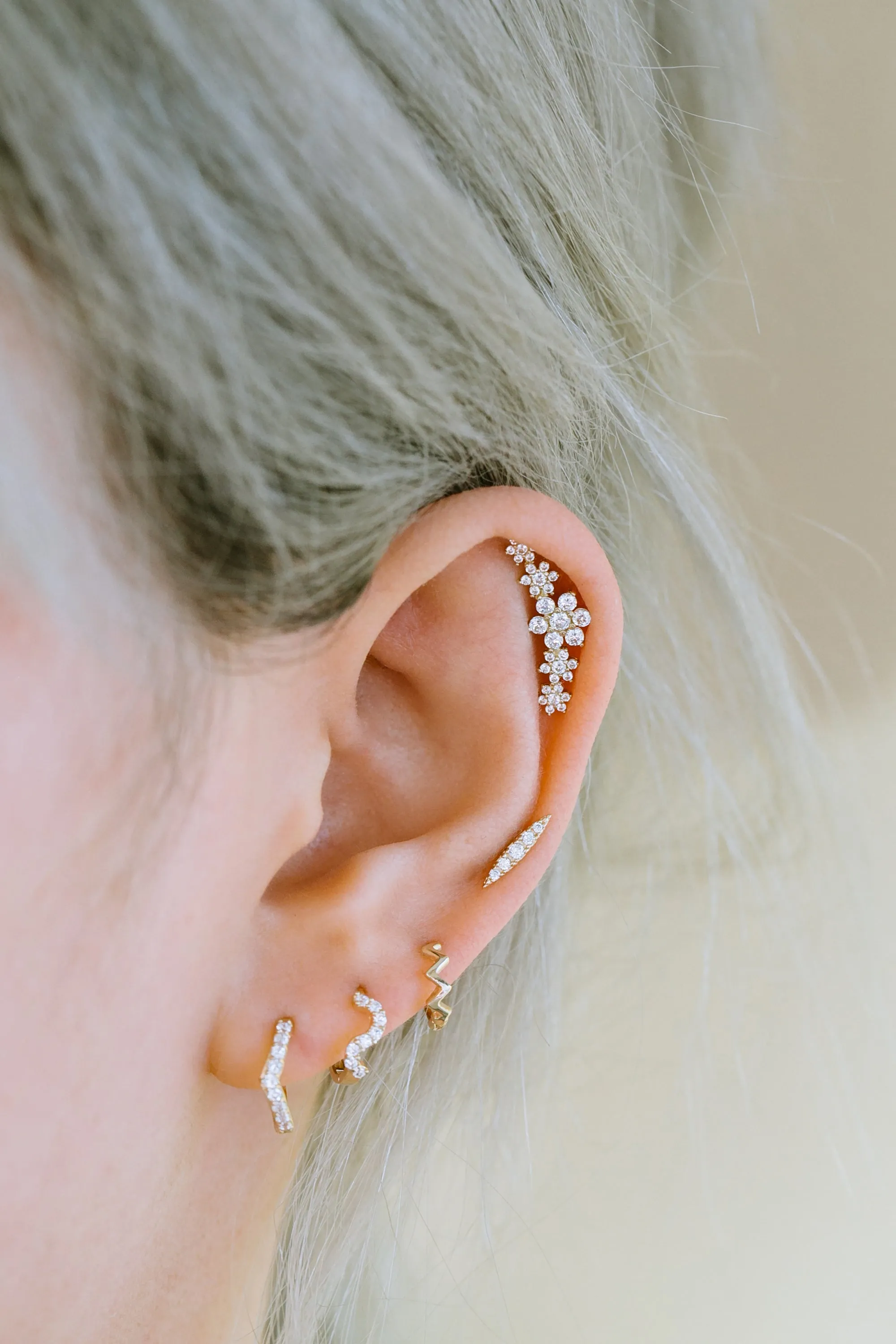 14K Solid Gold Cz Wave Tragus Cartilage Helix Piercing Earrings Huggie Hoop Right And Left Rings