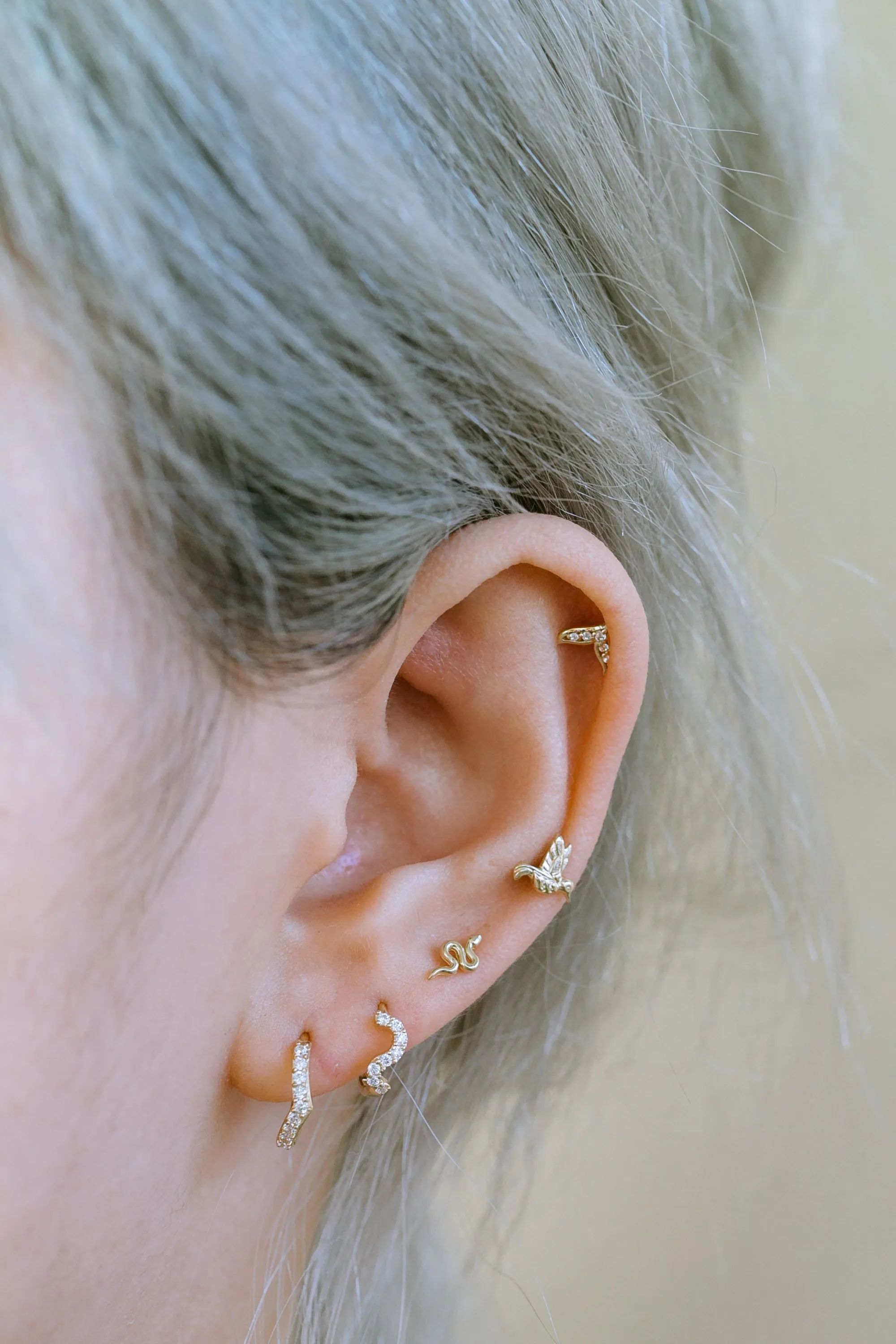 14K Solid Gold Cz Wave Tragus Cartilage Helix Piercing Earrings Huggie Hoop Right And Left Rings