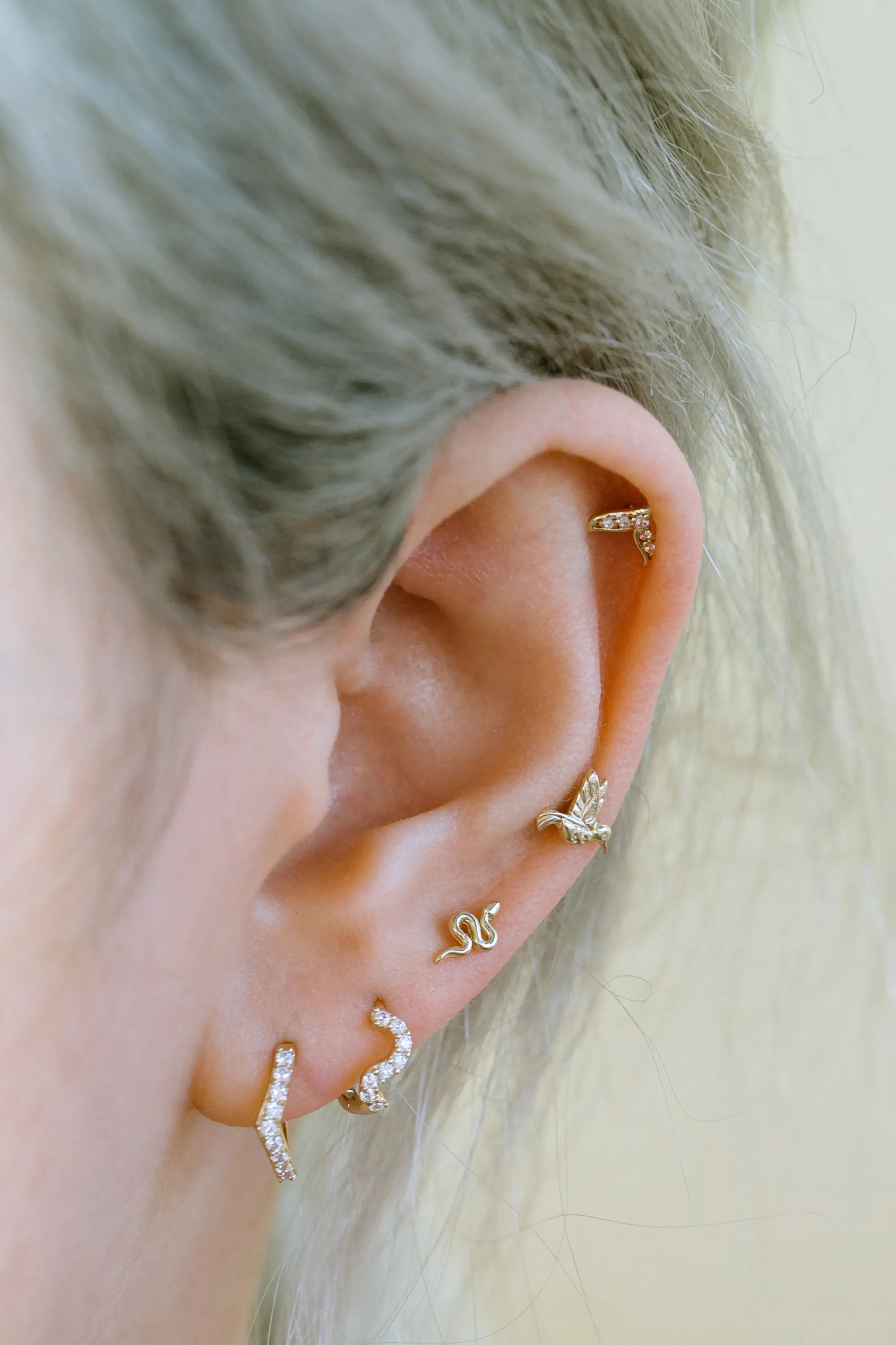 14K Solid Gold Cz Wave Tragus Cartilage Helix Piercing Earrings Huggie Hoop Right And Left Rings