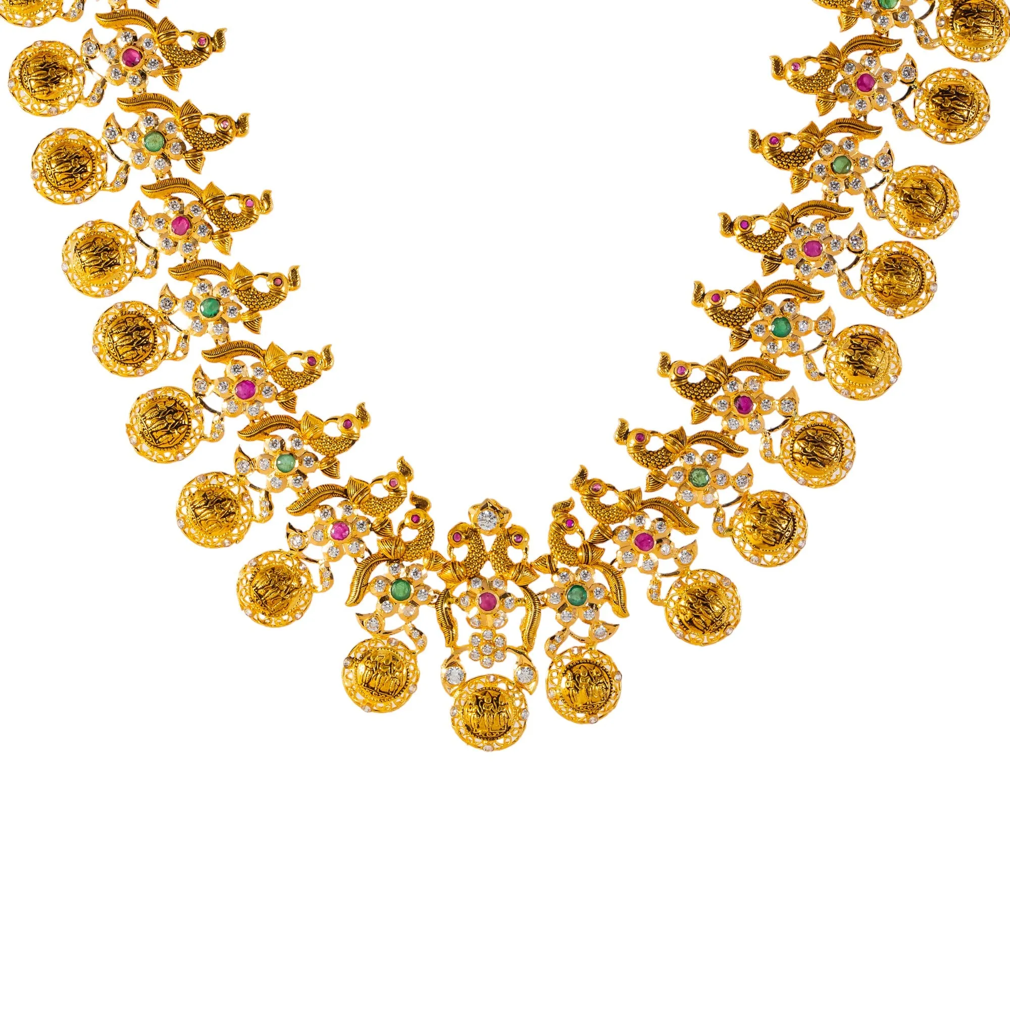 22k Yellow Gold Temple Necklace Set  w/ Gemstones (117.6gm)