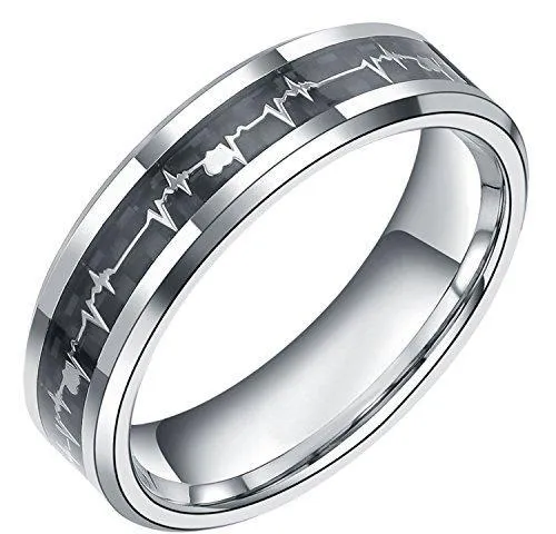 6mm/8mm Tungsten Rings Heartbeat Cardiogram Black Carbon Fiber Engagement Wedding Band