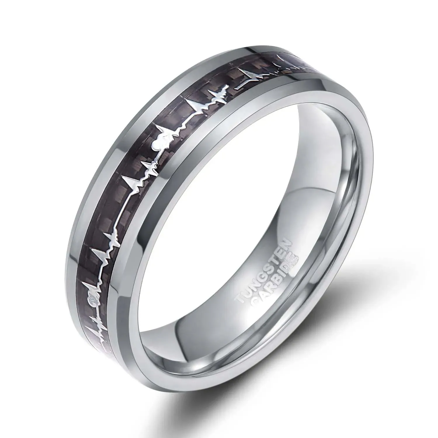 6mm/8mm Tungsten Rings Heartbeat Cardiogram Black Carbon Fiber Engagement Wedding Band