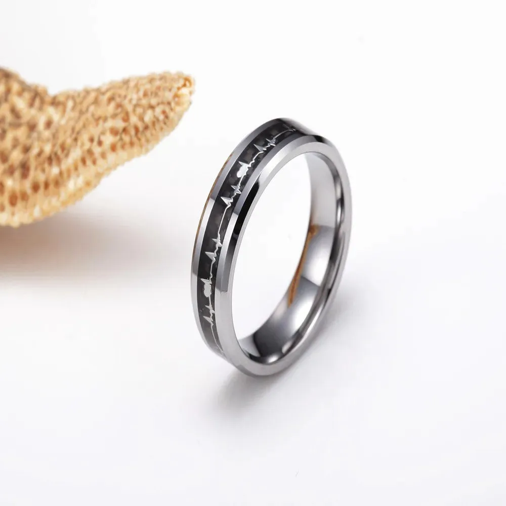 6mm/8mm Tungsten Rings Heartbeat Cardiogram Black Carbon Fiber Engagement Wedding Band