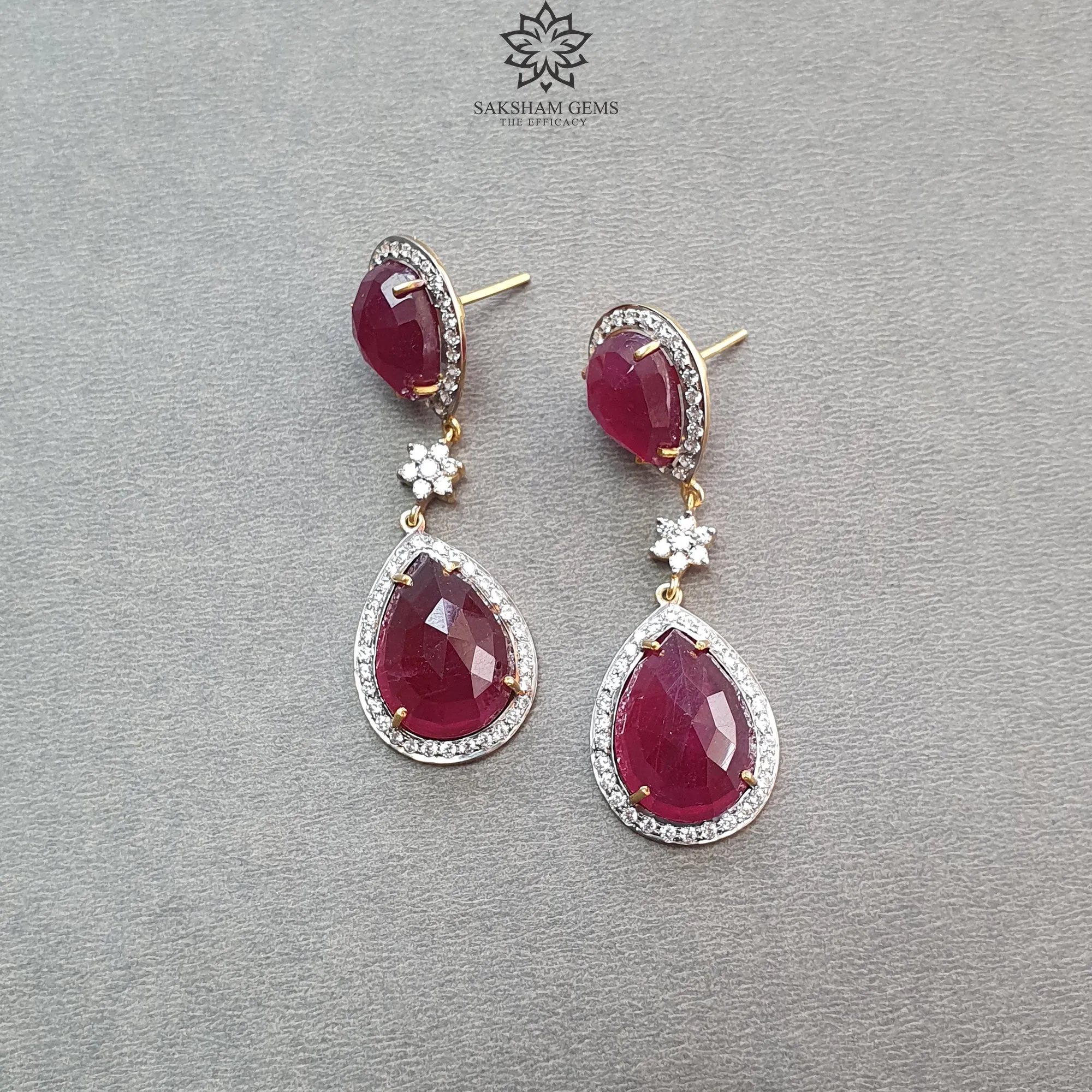 925 Sterling Silver Earring: 16.53gms Natural Glass Filled Ruby Gemstones & CZ Prong Set Push Back Drop Dangle Yellow Gold Plated Earring 2"