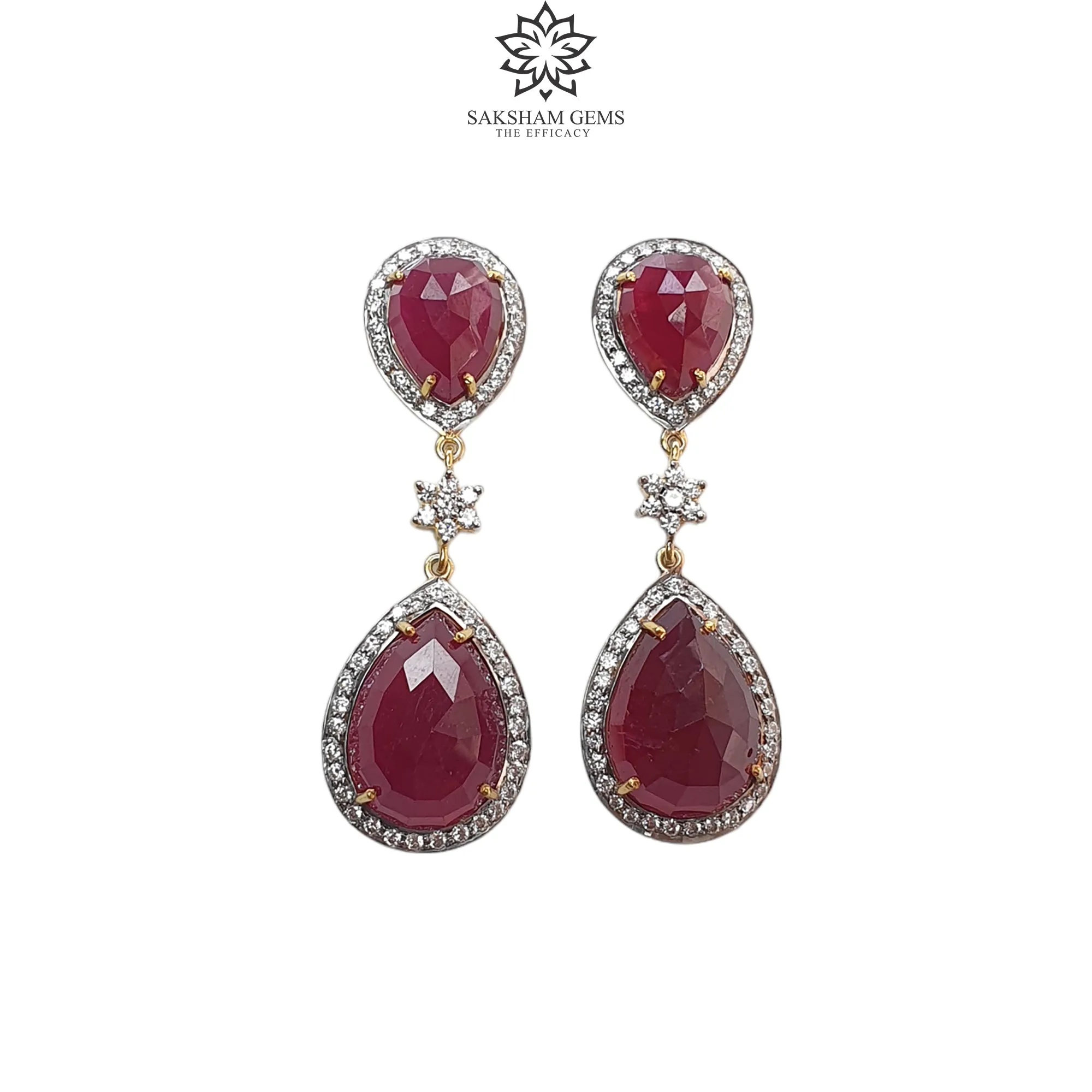 925 Sterling Silver Earring: 16.53gms Natural Glass Filled Ruby Gemstones & CZ Prong Set Push Back Drop Dangle Yellow Gold Plated Earring 2"