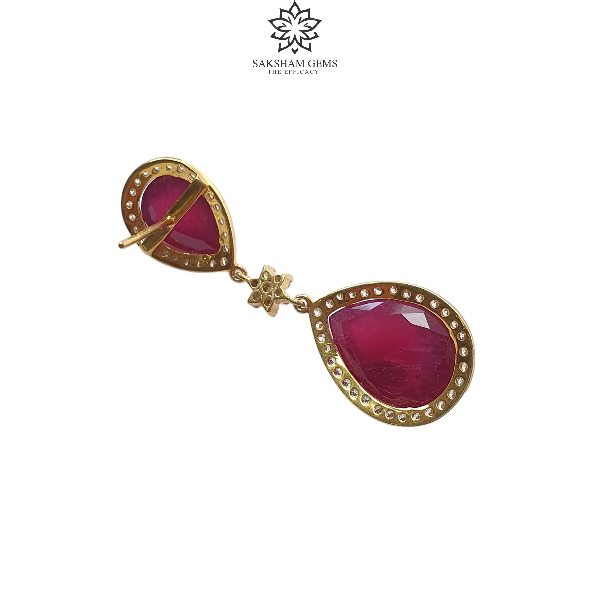 925 Sterling Silver Earring: 16.53gms Natural Glass Filled Ruby Gemstones & CZ Prong Set Push Back Drop Dangle Yellow Gold Plated Earring 2"