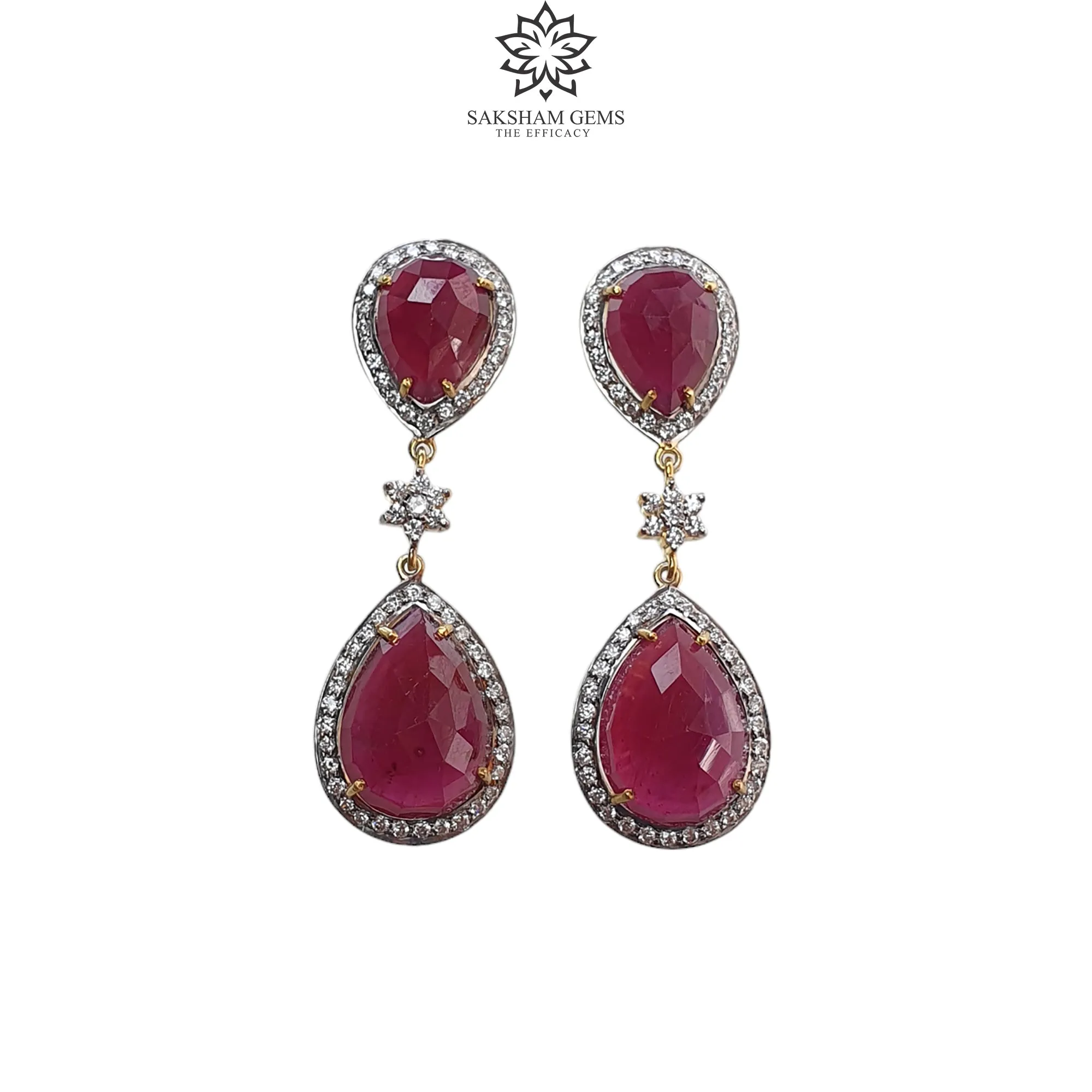 925 Sterling Silver Earring: 16.53gms Natural Glass Filled Ruby Gemstones & CZ Prong Set Push Back Drop Dangle Yellow Gold Plated Earring 2"