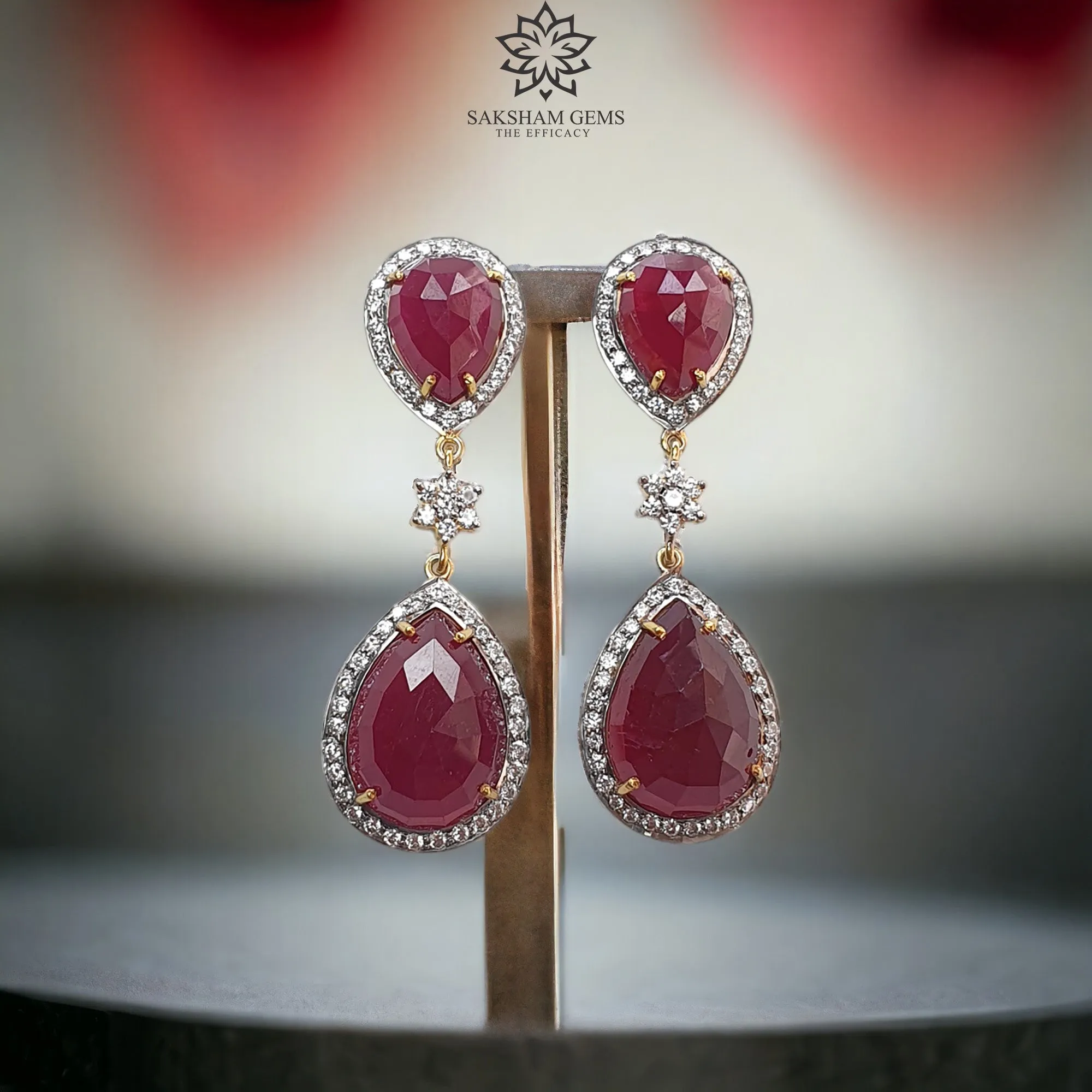 925 Sterling Silver Earring: 16.53gms Natural Glass Filled Ruby Gemstones & CZ Prong Set Push Back Drop Dangle Yellow Gold Plated Earring 2"