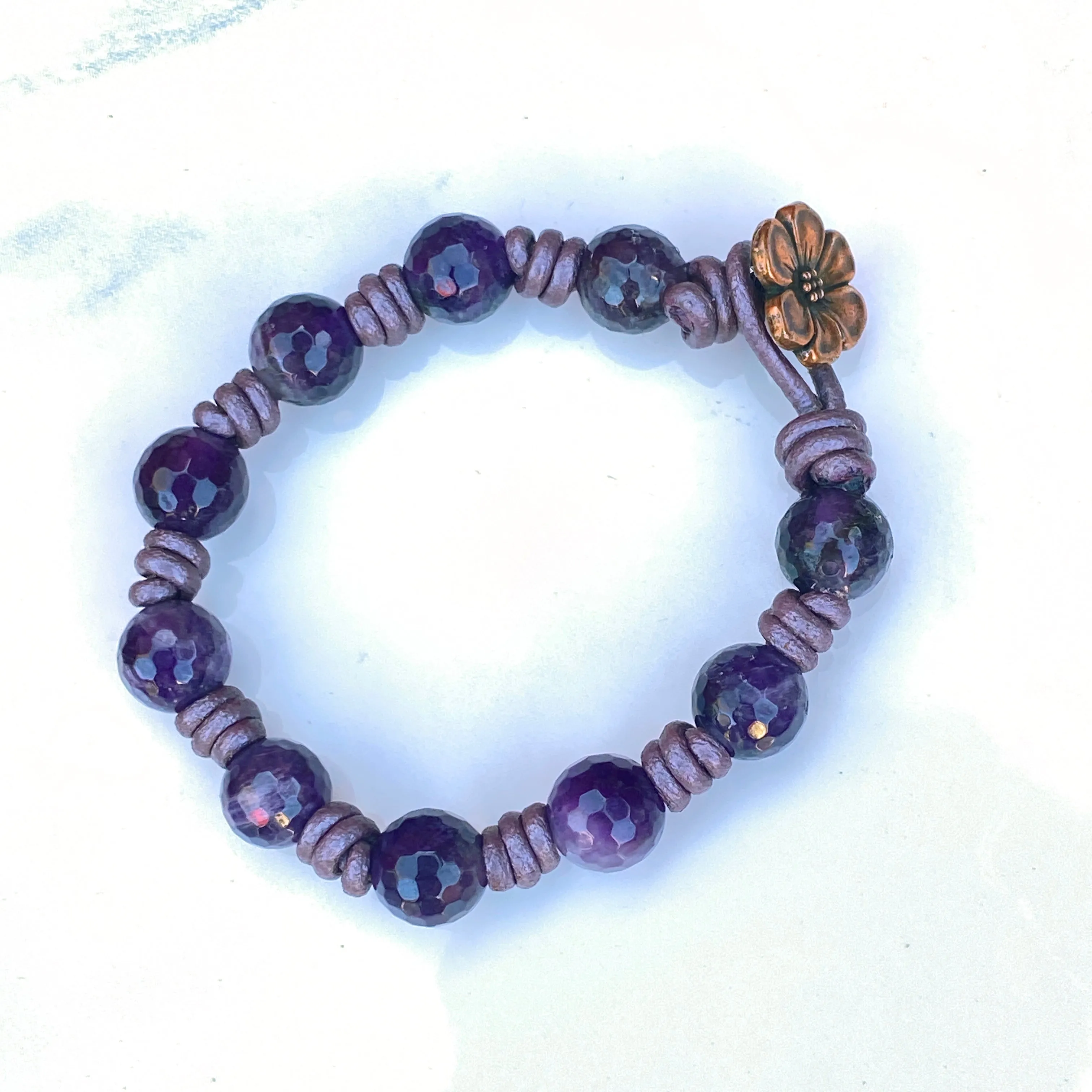 Amethyst Gemstones genuine leather Bracelet and copper flower clasp