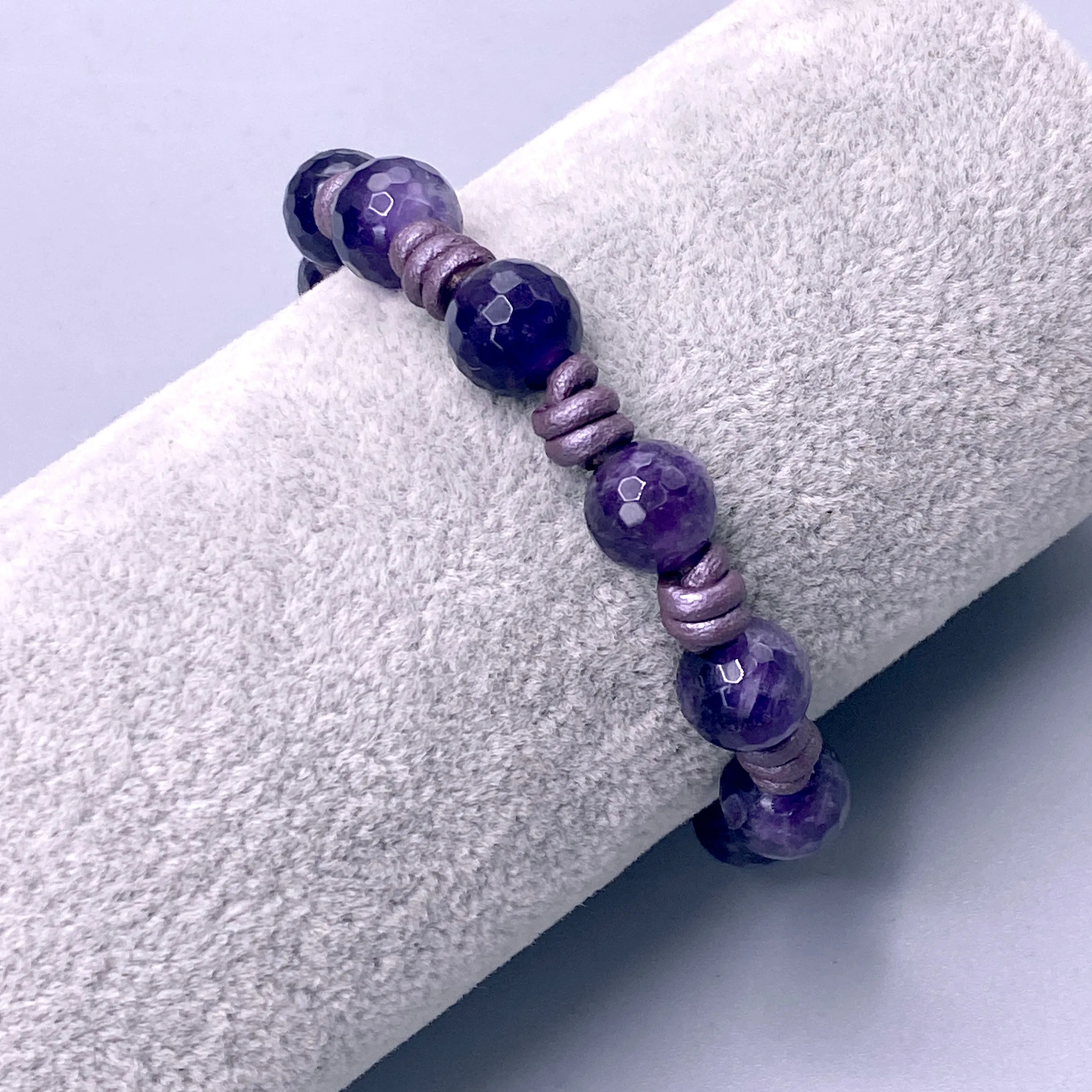 Amethyst Gemstones genuine leather Bracelet and copper flower clasp