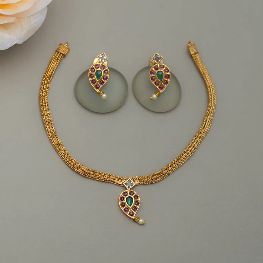 Antique jadau pink-green Necklace with Earring - SN1006