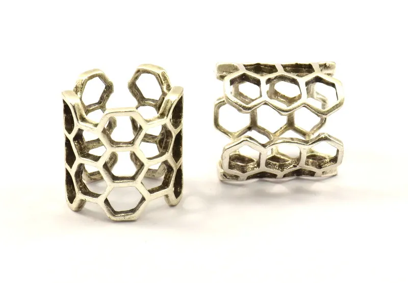 Antique Silver Honeycomb Ring - 2 Antique Silver Plated Adjustable Honeycomb Rings N0014 H0212