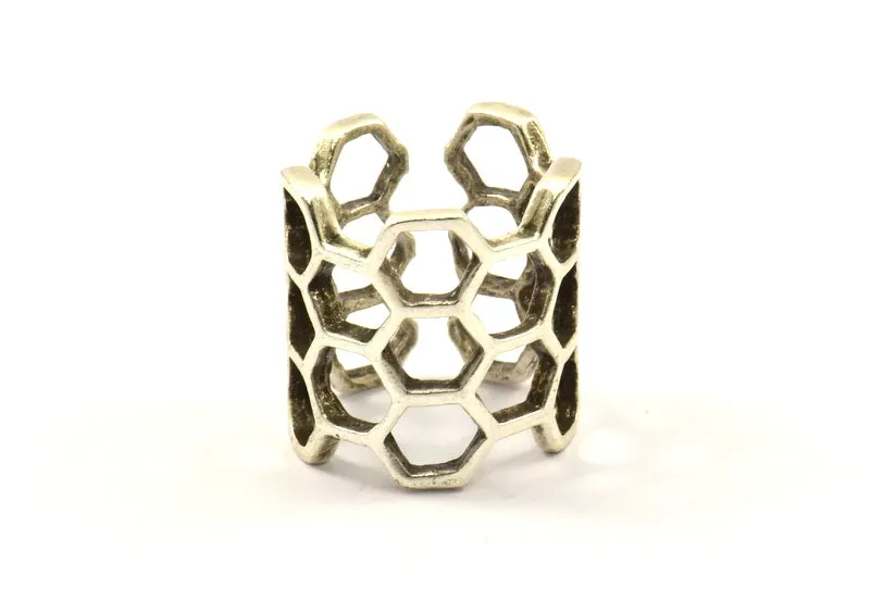 Antique Silver Honeycomb Ring - 2 Antique Silver Plated Adjustable Honeycomb Rings N0014 H0212