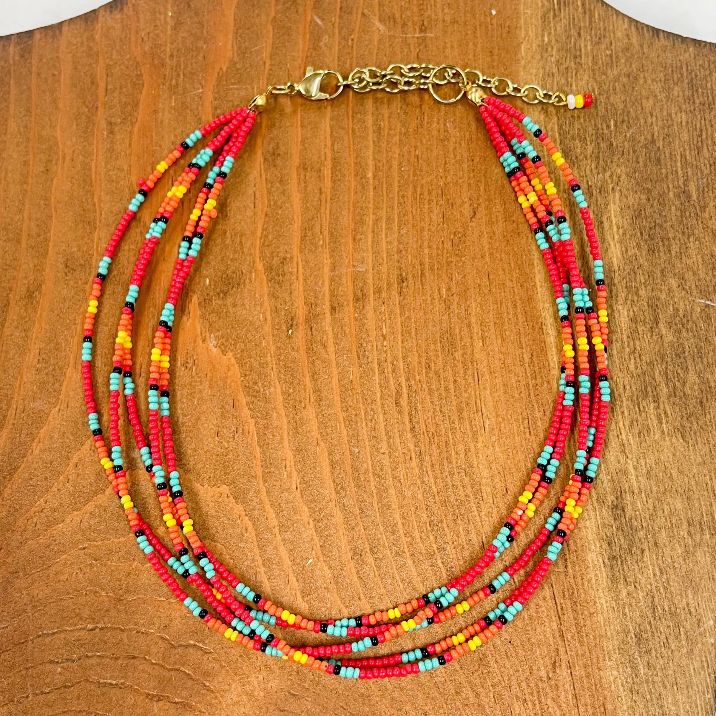 Aztec Seed Beaded Layered Choker Necklace in Red Multicolor