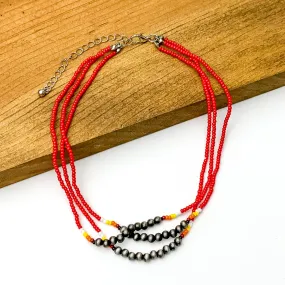 Aztec Seed Beaded Three Strand Choker Necklace with Silver Beads in Red