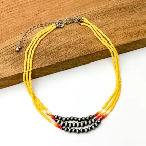 Aztec Seed Beaded Three Strand Choker Necklace with Silver Beads in Yellow