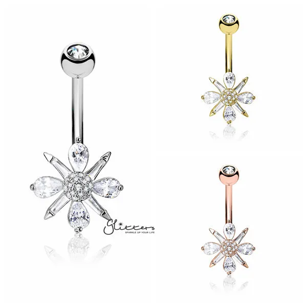 Barguette CZ and Pear CZ Clustered and CZ paved Ball Center Belly Button Navel Rings