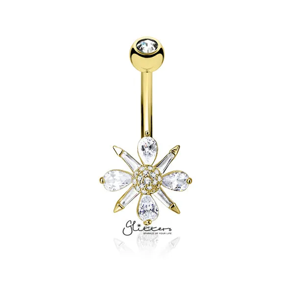 Barguette CZ and Pear CZ Clustered and CZ paved Ball Center Belly Button Navel Rings