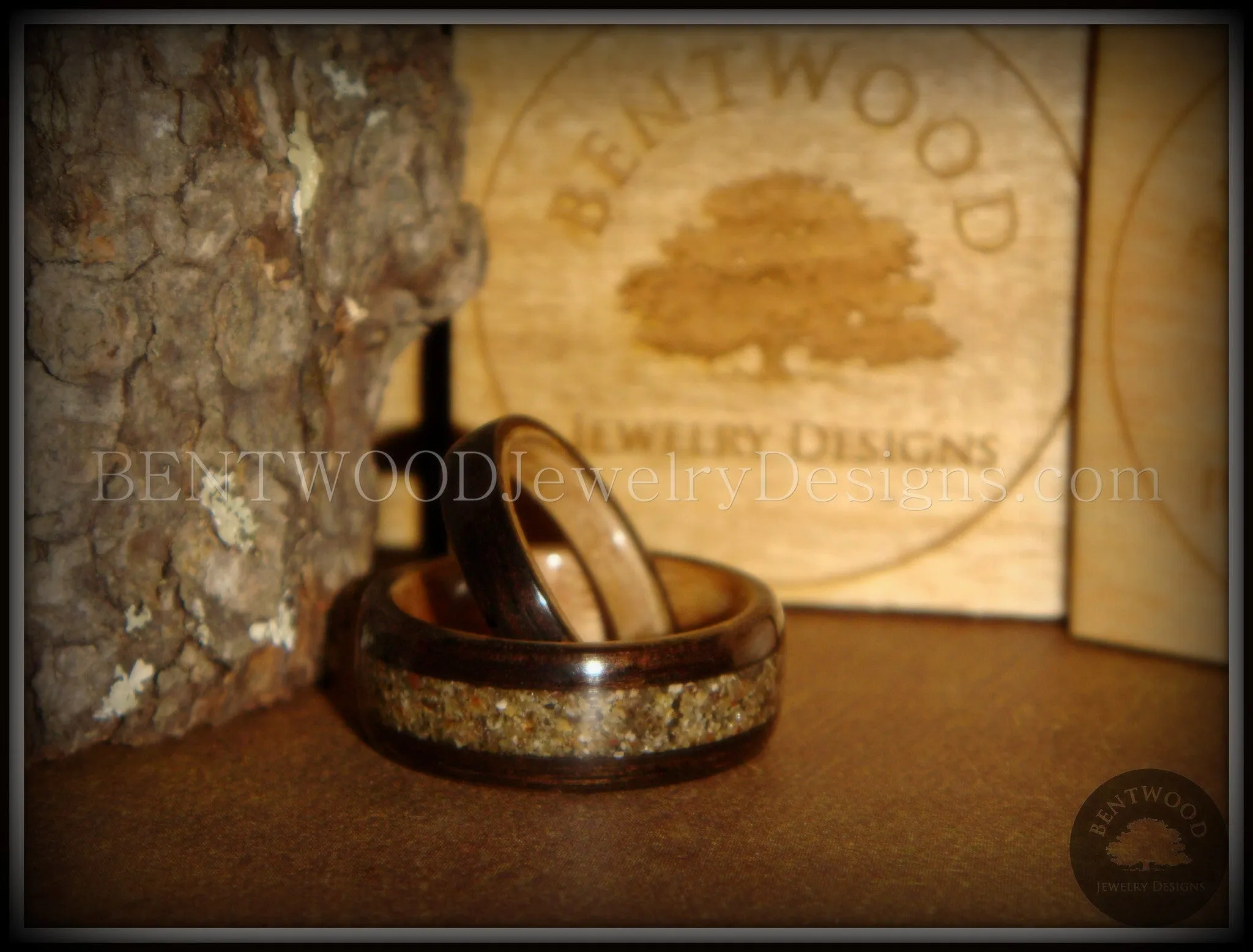 Bentwood Rings Set - Ebony Wood Ring Set with Birch Liner and Canadian Beach Sand Inlay