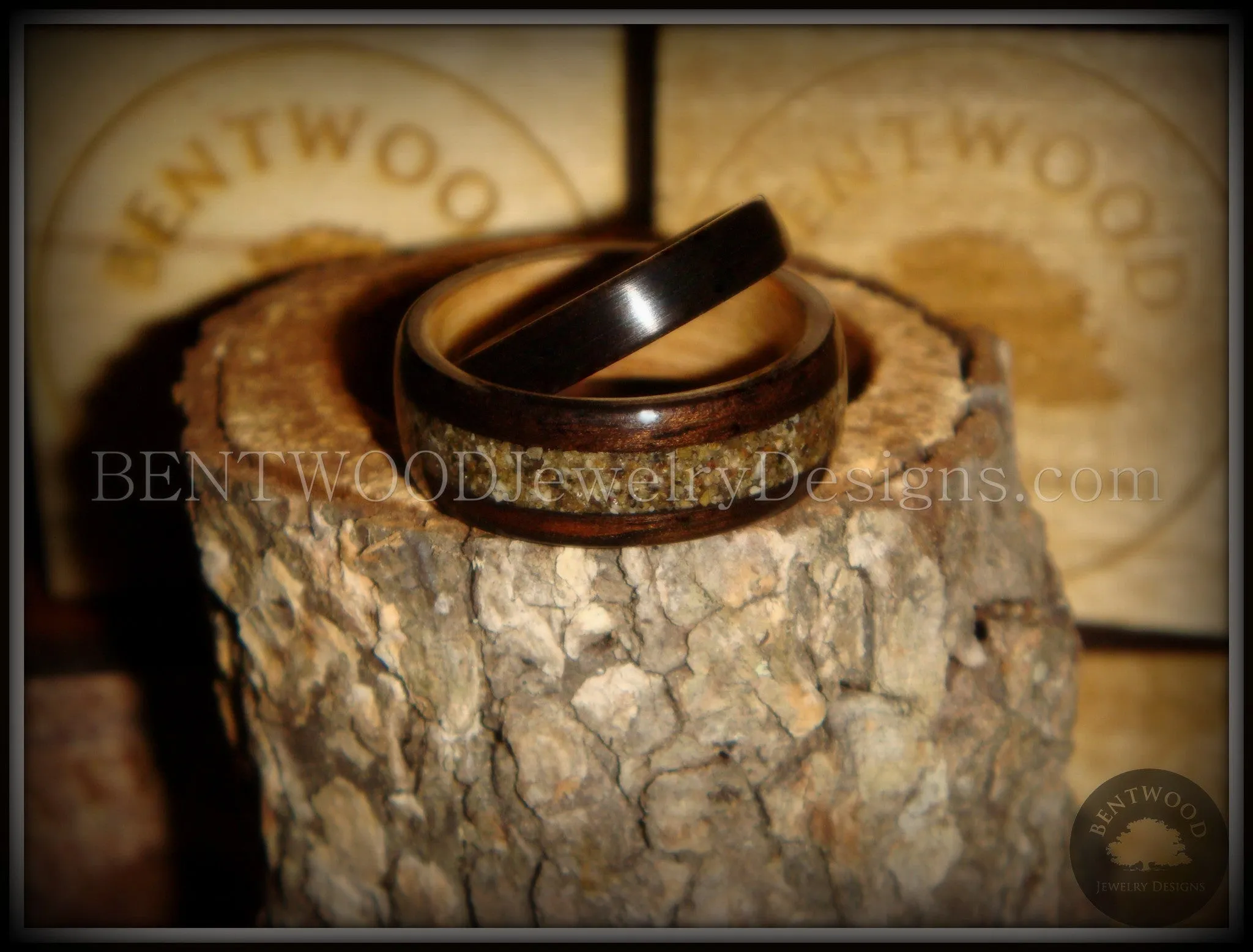 Bentwood Rings Set - Ebony Wood Ring Set with Birch Liner and Canadian Beach Sand Inlay