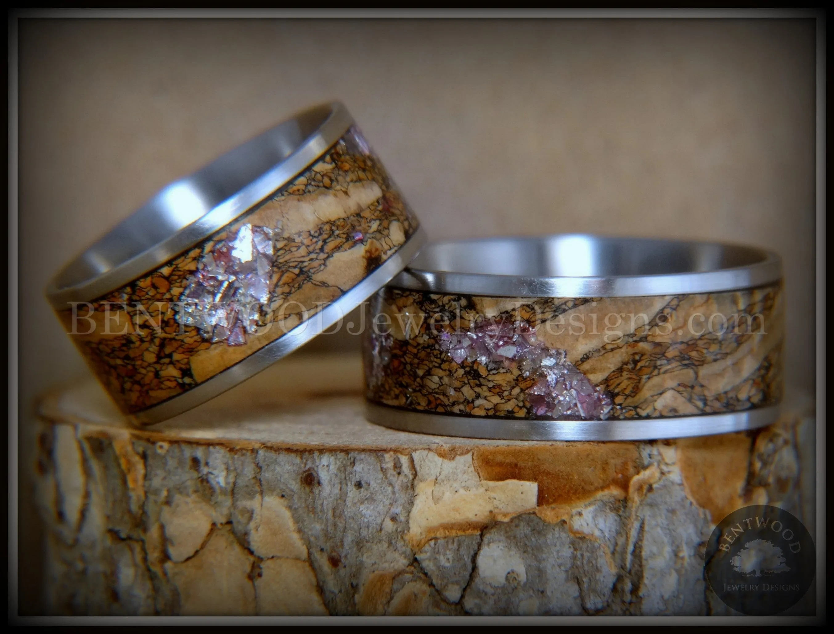 Bentwood Rings Set - Figured Brown Amtheyst Mediterranean Oak Burl on Surgical Steel Core