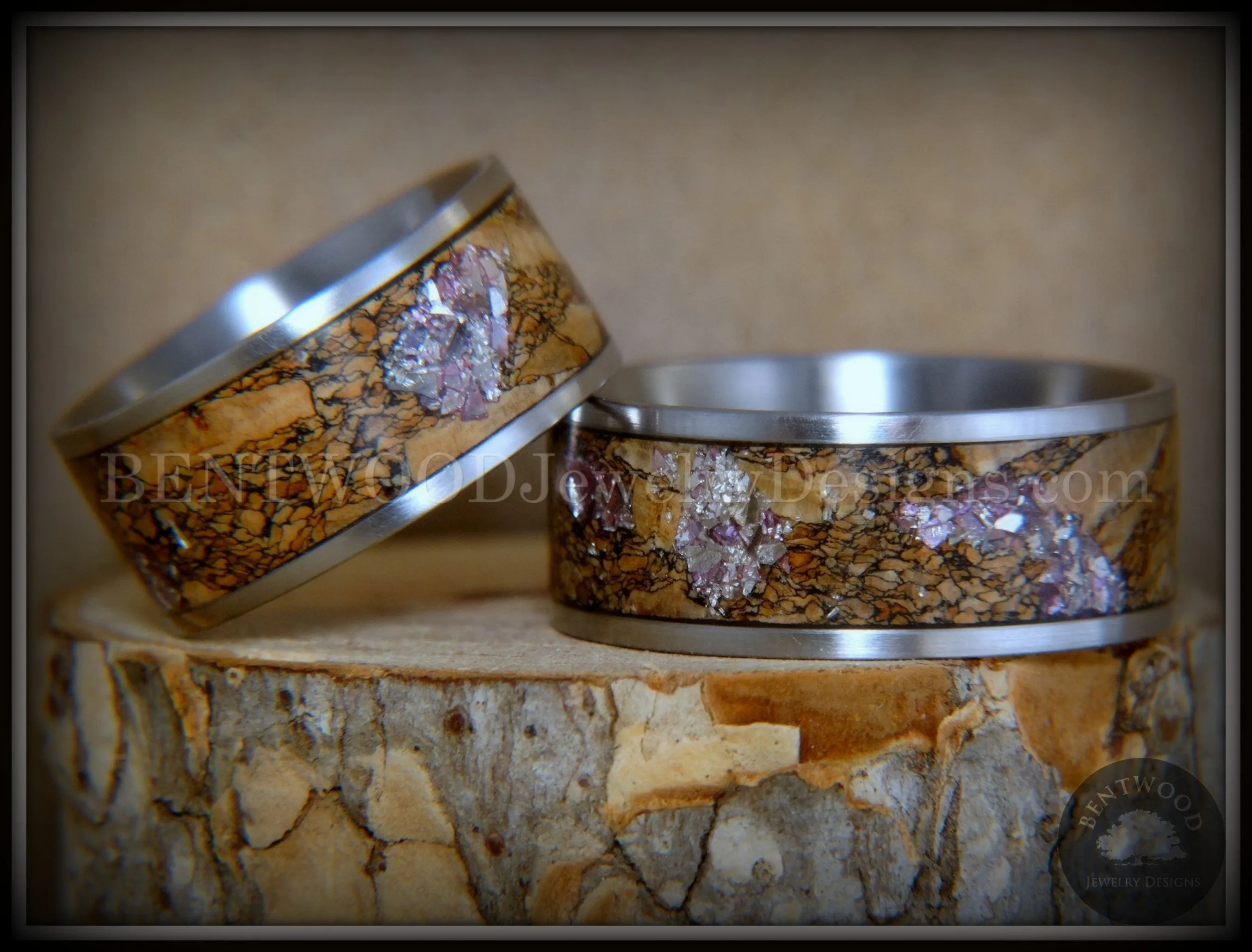 Bentwood Rings Set - Figured Brown Amtheyst Mediterranean Oak Burl on Surgical Steel Core