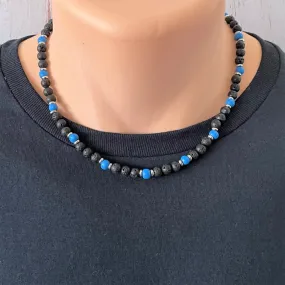 Black Lava and Blue Wood with Silver Rings Mens Necklace