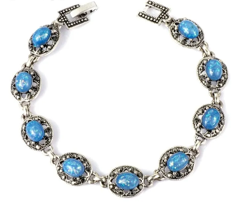 Blue Opal Bracelet Vintage Tibetan Silver Crystal Bracelets