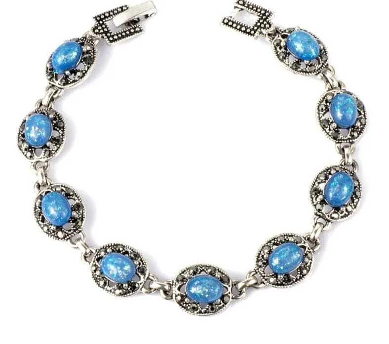 Blue Opal Bracelet Vintage Tibetan Silver Crystal Bracelets