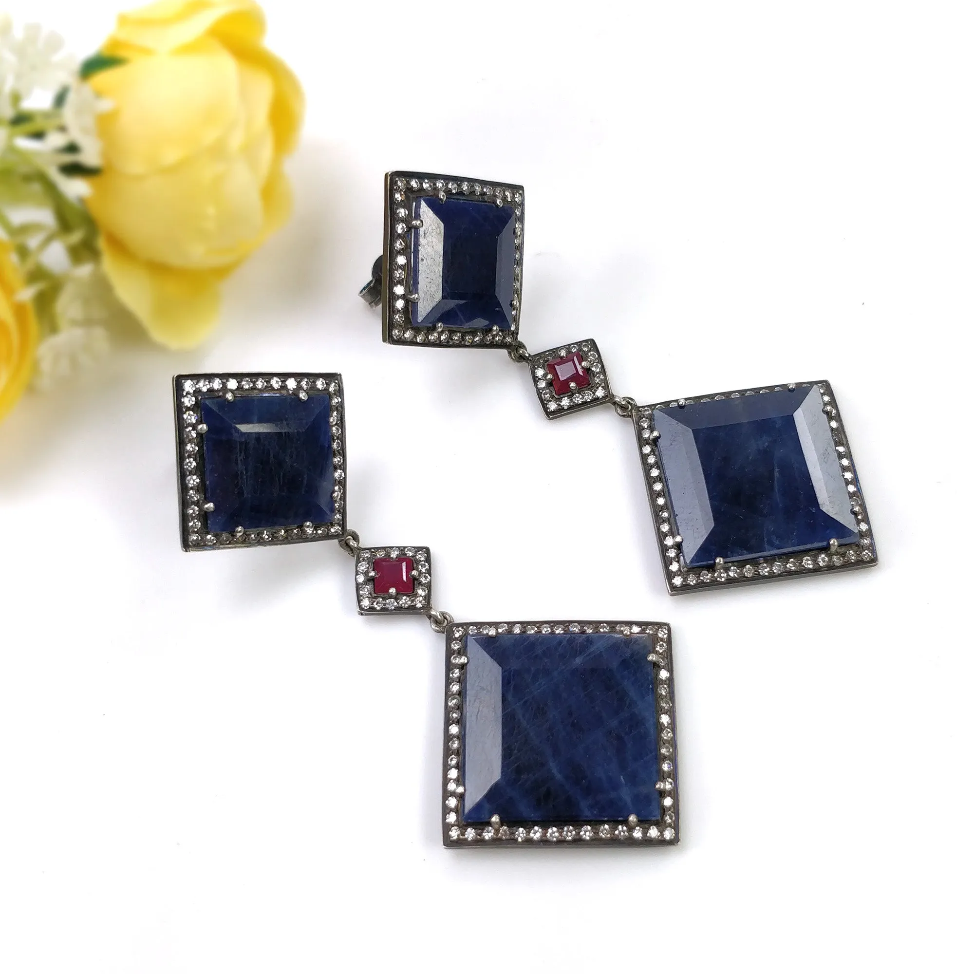 Blue SAPPHIRE Gemstones With CZ 925 Sterling Silver Earring : Natural Pave Set Push Back Drop Dangle Victorian Earring 3.5"