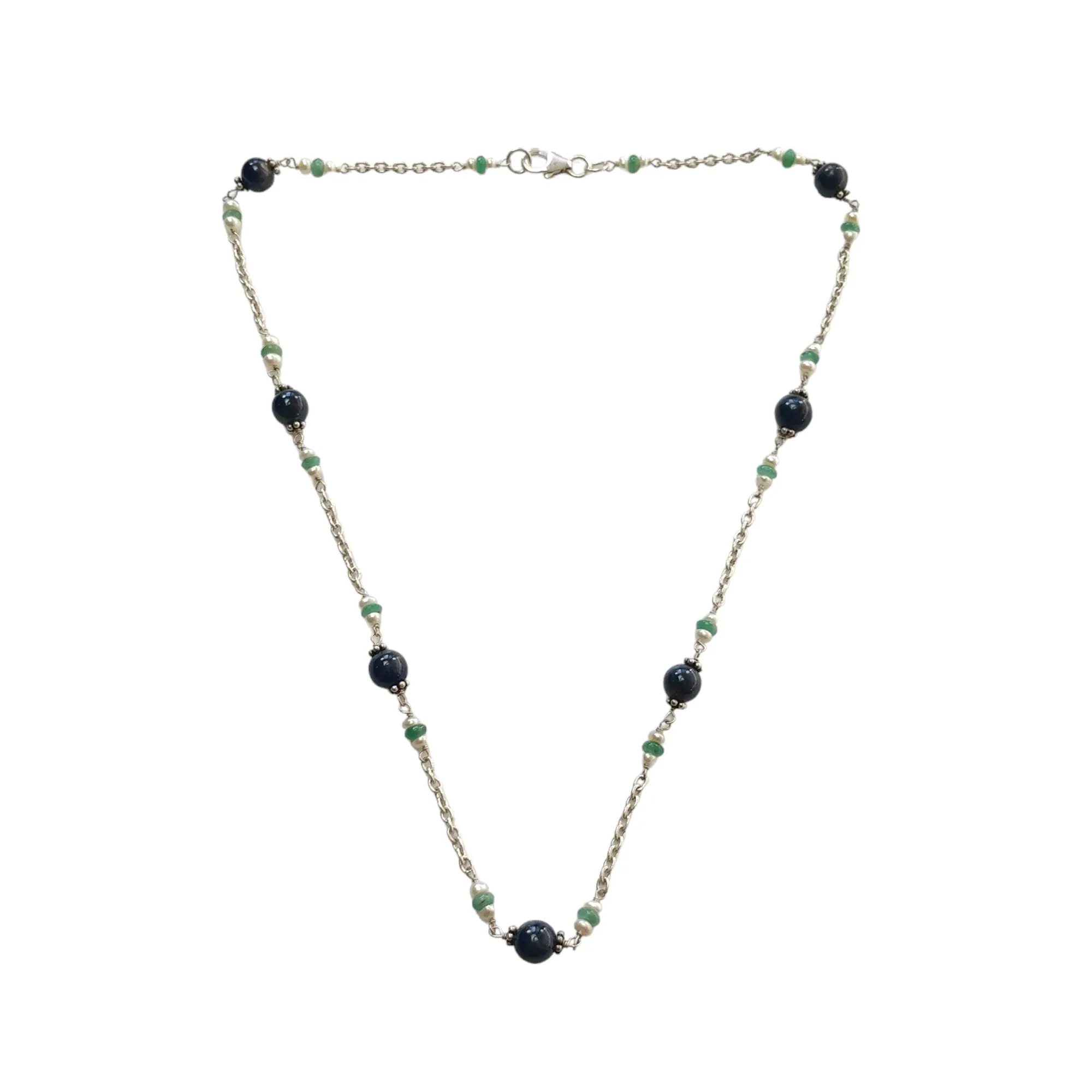 Blue Sapphire Green Emerald And White Pearl Natural Gemstones Round Beads 925 Sterling Silver 10.26gms NECKLACE Chain 18"