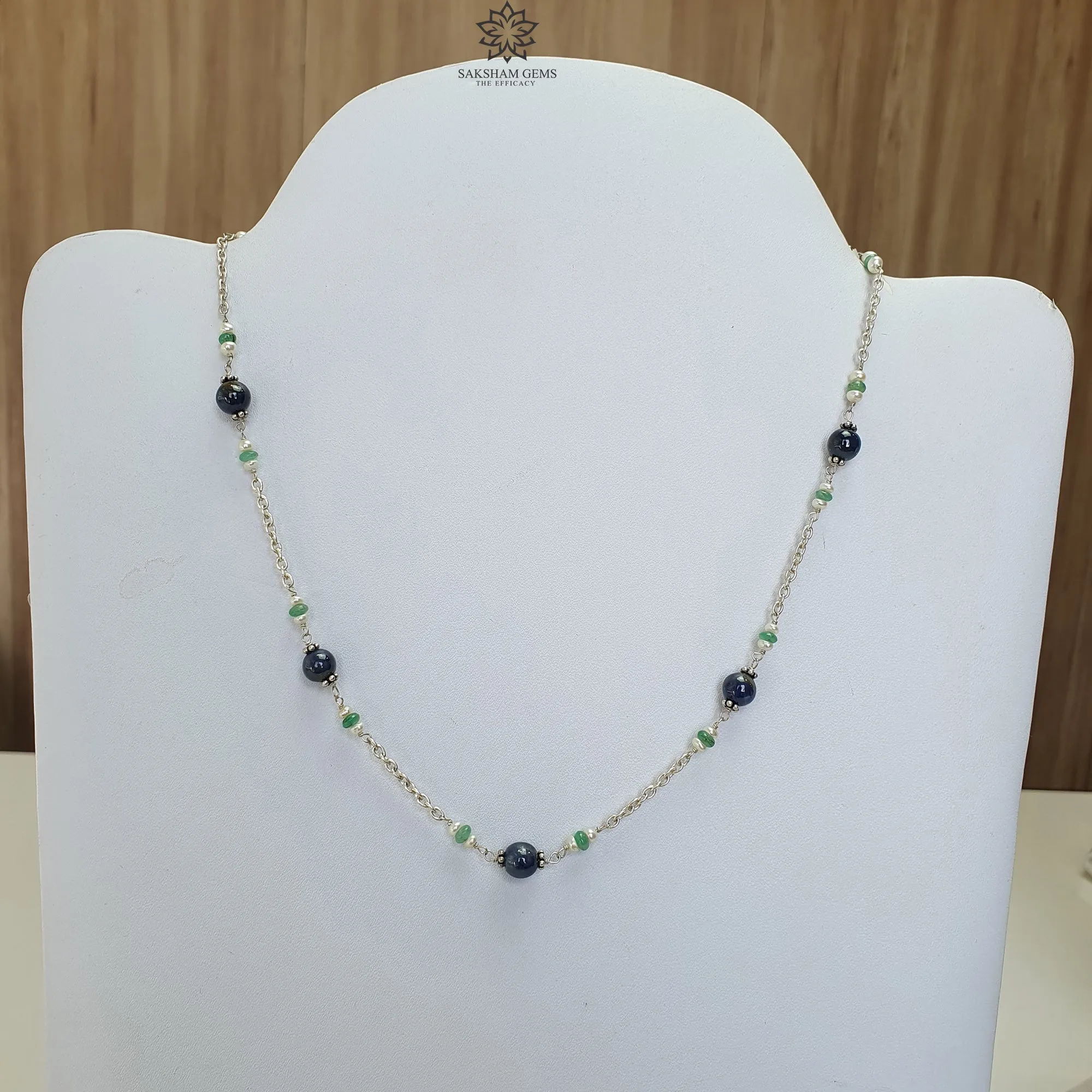 Blue Sapphire Green Emerald And White Pearl Natural Gemstones Round Beads 925 Sterling Silver 10.26gms NECKLACE Chain 18"