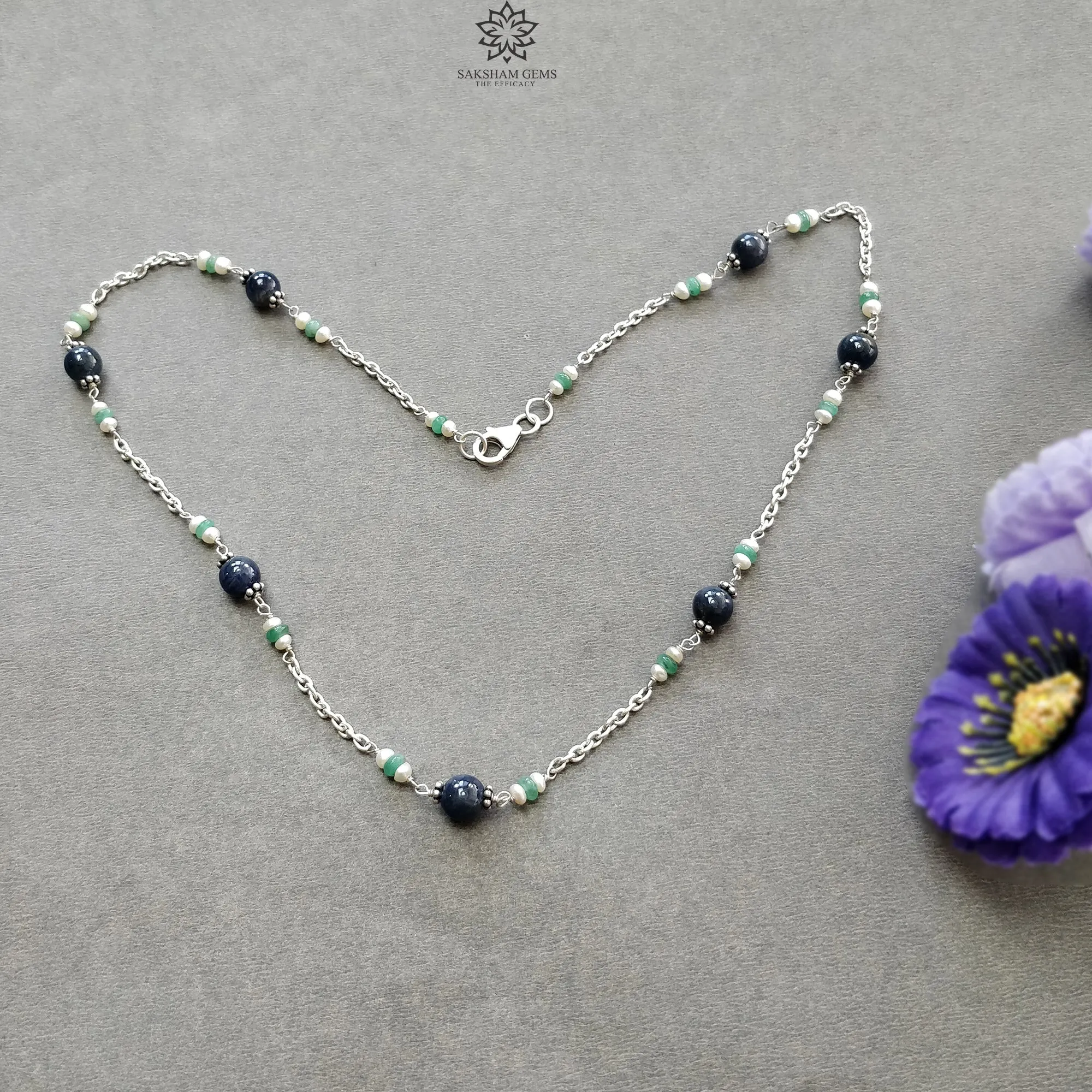 Blue Sapphire Green Emerald And White Pearl Natural Gemstones Round Beads 925 Sterling Silver 10.26gms NECKLACE Chain 18"