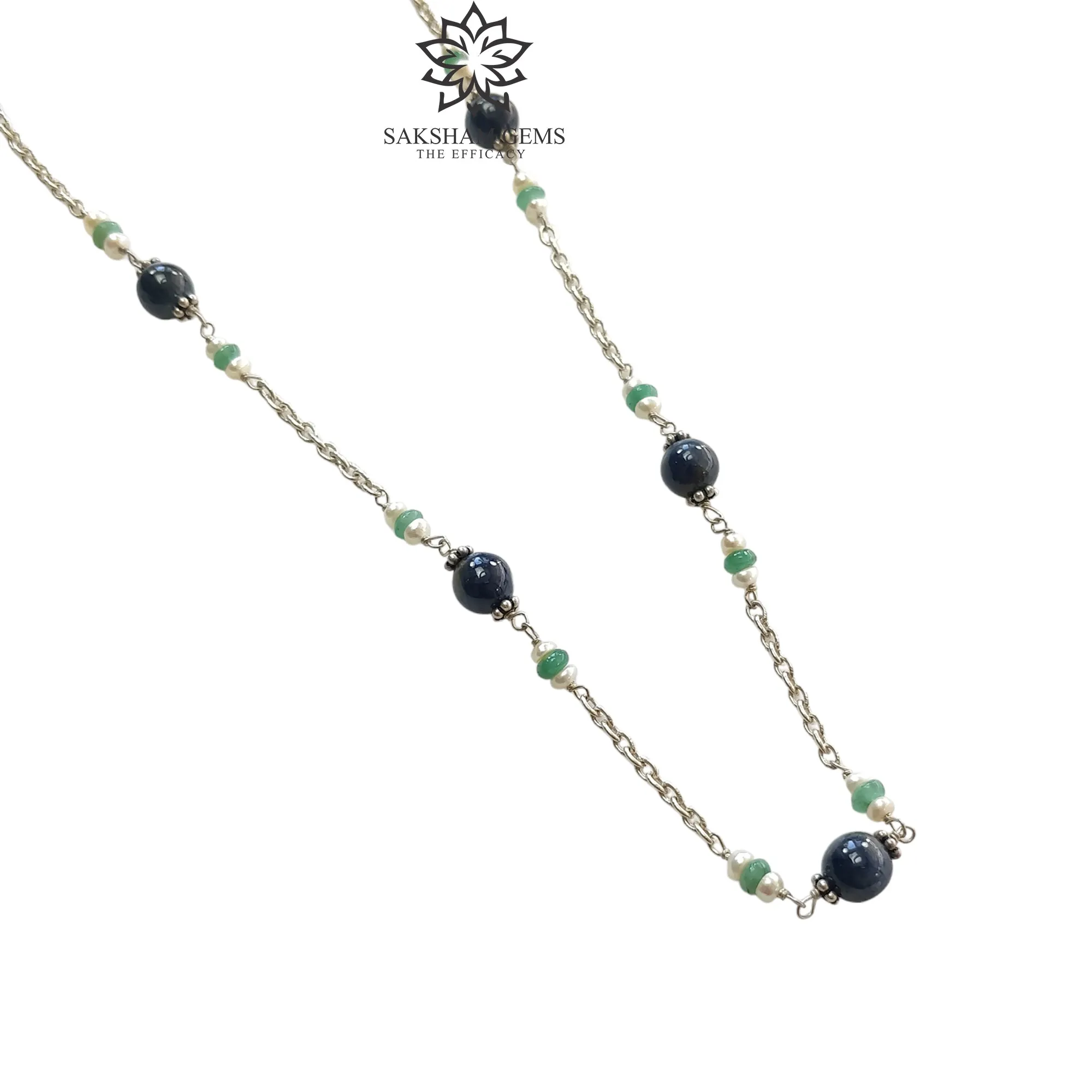 Blue Sapphire Green Emerald And White Pearl Natural Gemstones Round Beads 925 Sterling Silver 10.26gms NECKLACE Chain 18"