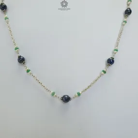 Blue Sapphire Green Emerald And White Pearl Natural Gemstones Round Beads 925 Sterling Silver 10.26gms NECKLACE Chain 18"