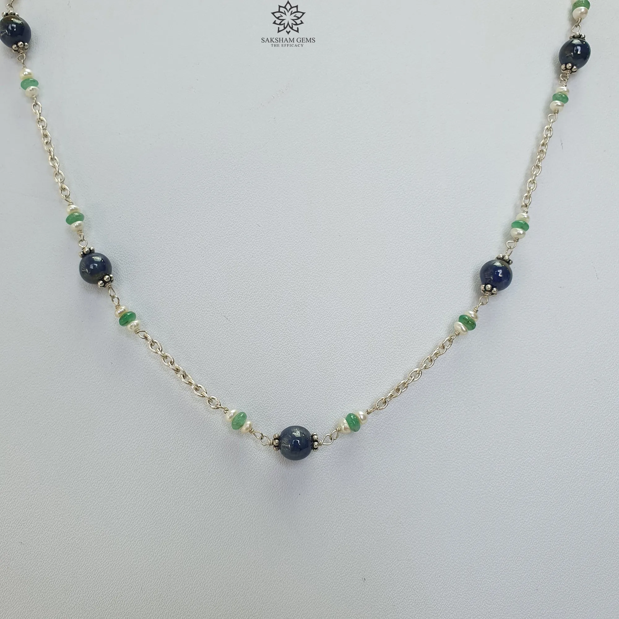 Blue Sapphire Green Emerald And White Pearl Natural Gemstones Round Beads 925 Sterling Silver 10.26gms NECKLACE Chain 18"