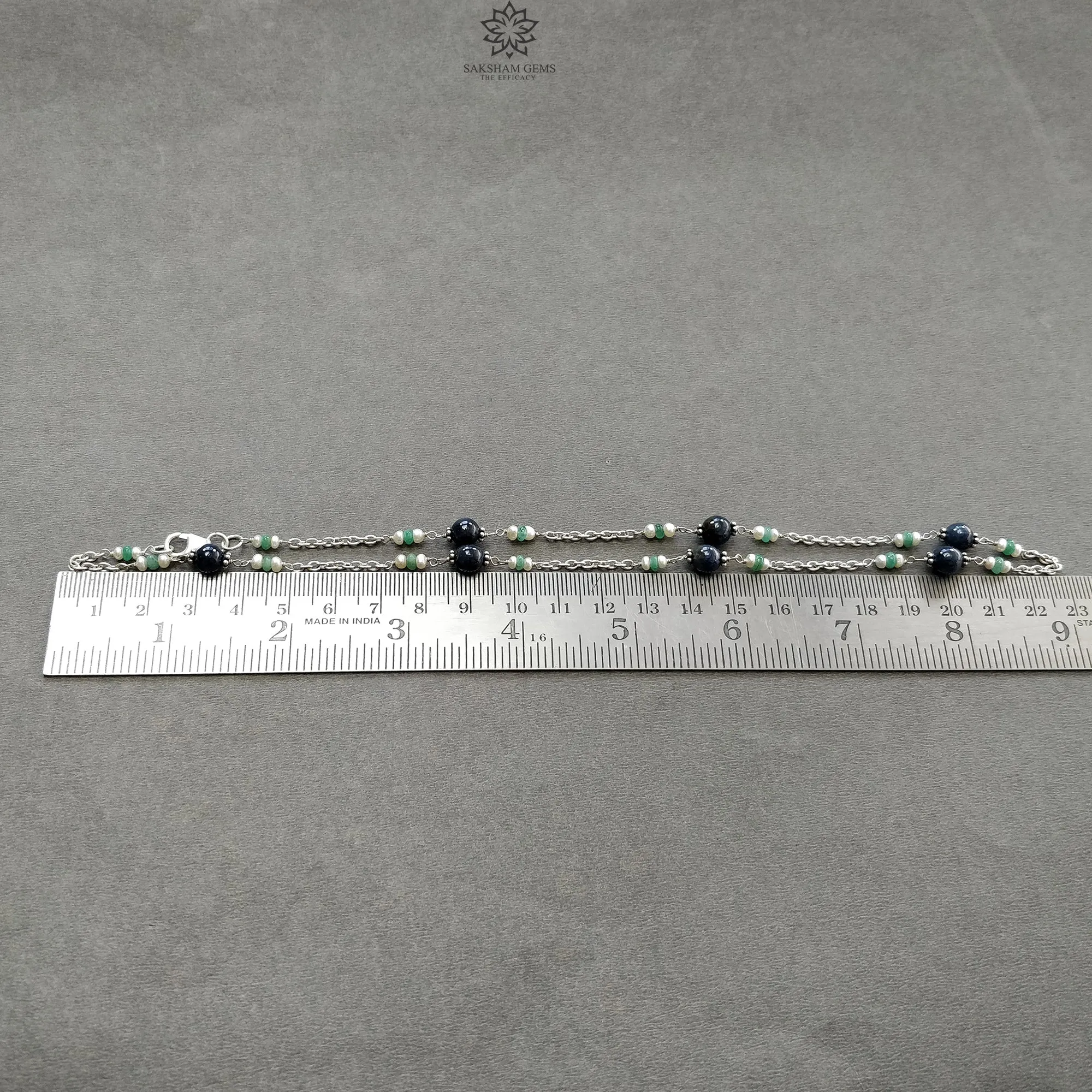 Blue Sapphire Green Emerald And White Pearl Natural Gemstones Round Beads 925 Sterling Silver 10.26gms NECKLACE Chain 18"