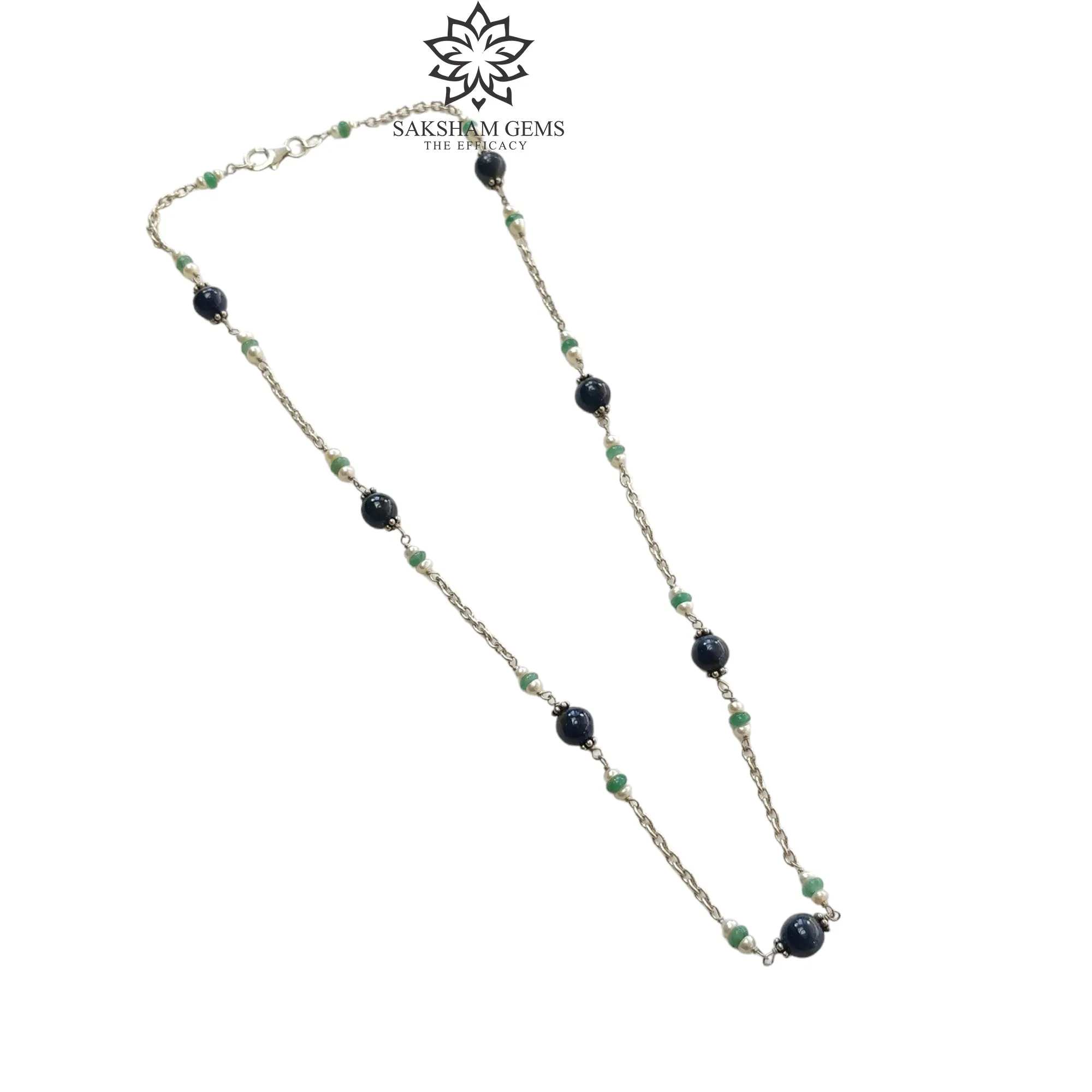 Blue Sapphire Green Emerald And White Pearl Natural Gemstones Round Beads 925 Sterling Silver 10.26gms NECKLACE Chain 18"