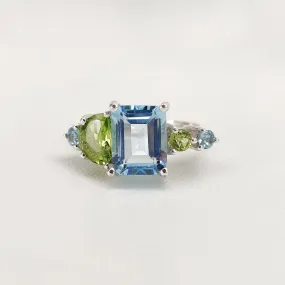 Blue Topaz and Peridot Ring Multi Gemstones Ring - December and August Birthstone