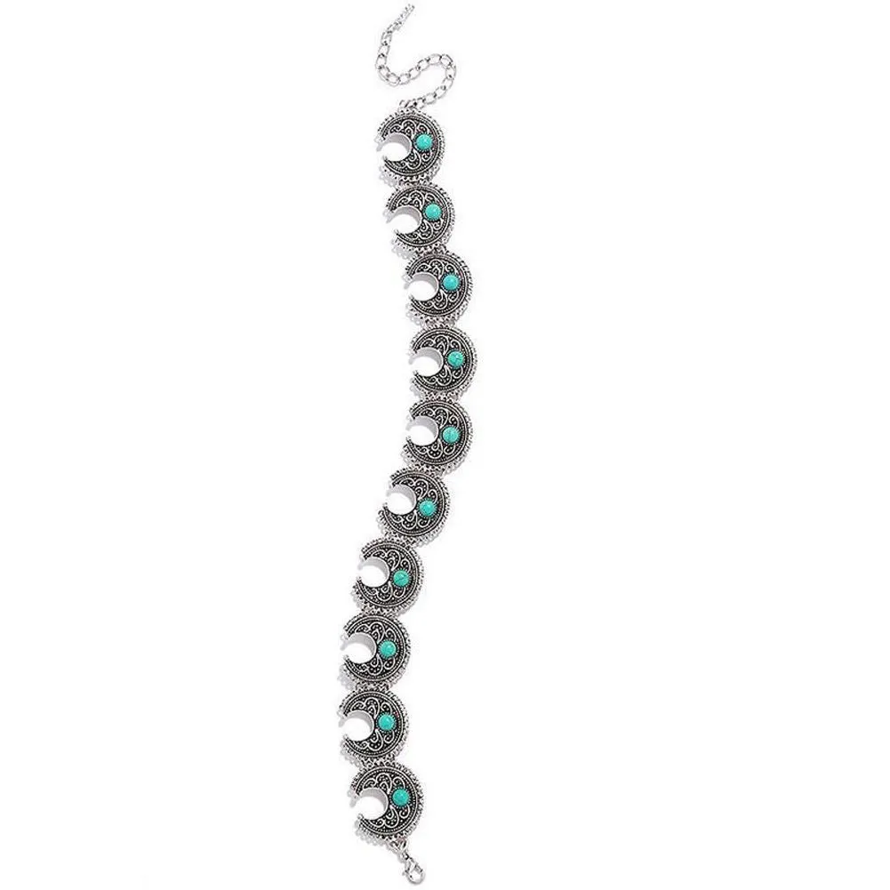 Boho Choker Silver And Turquoise Crescent Conchos Bohemian Gypsy Necklace Adjustable For Perfect Fit