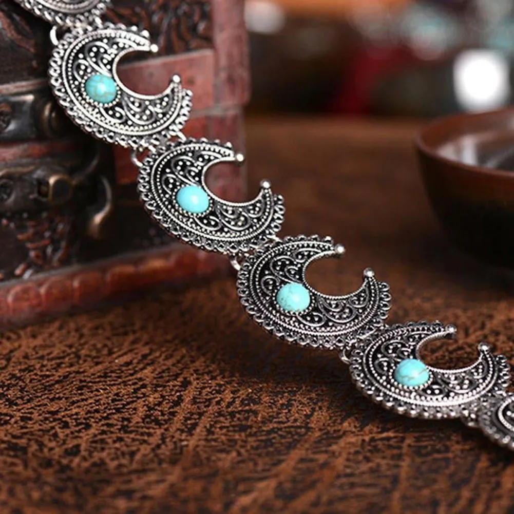 Boho Choker Silver And Turquoise Crescent Conchos Bohemian Gypsy Necklace Adjustable For Perfect Fit