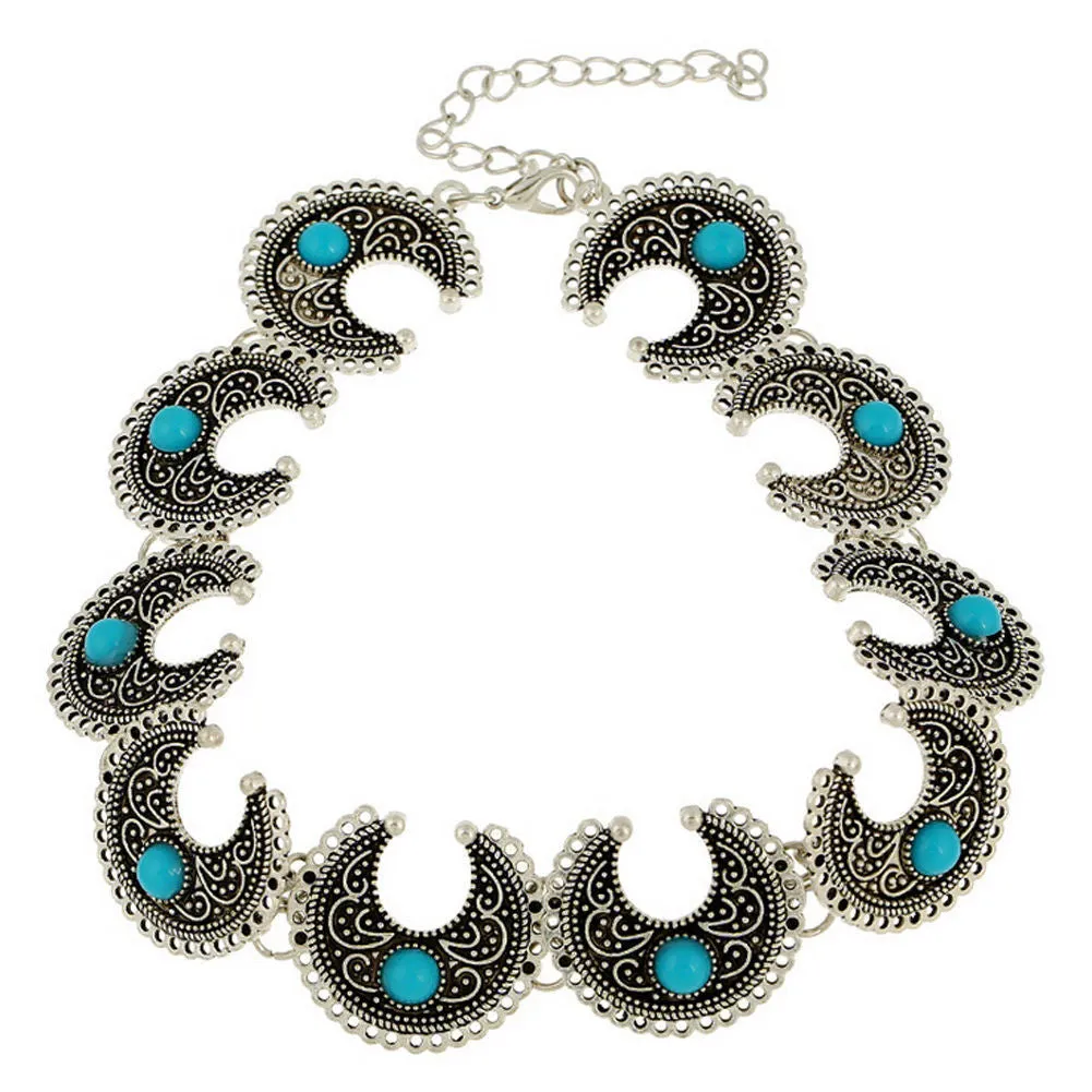 Boho Choker Silver And Turquoise Crescent Conchos Bohemian Gypsy Necklace Adjustable For Perfect Fit