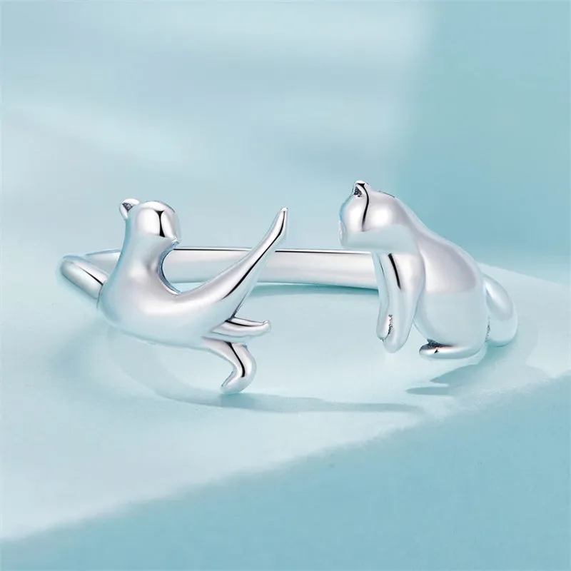 Cat Rings for Women Sterling Silver Adjustable Animal Ring Dainty Stackable Rings Cute Cat Ring Gifts for Cat Lovers