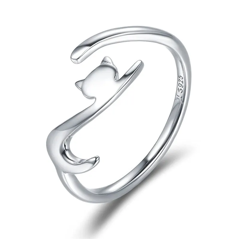 Cat Rings for Women Sterling Silver Adjustable Animal Ring Dainty Stackable Rings Cute Cat Ring Gifts for Cat Lovers