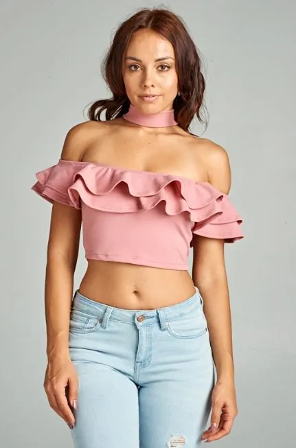 Choker Neck Ruffle Crop Top