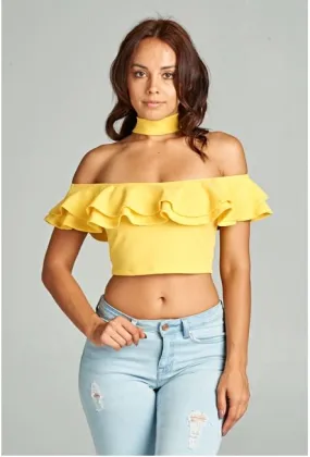 Choker Neck Ruffle Crop Top