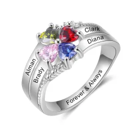 Customized Family Name Mothers Ring with 4 Heart Birthstones Silver Color Personalized Engraved Rings for Women Gifts