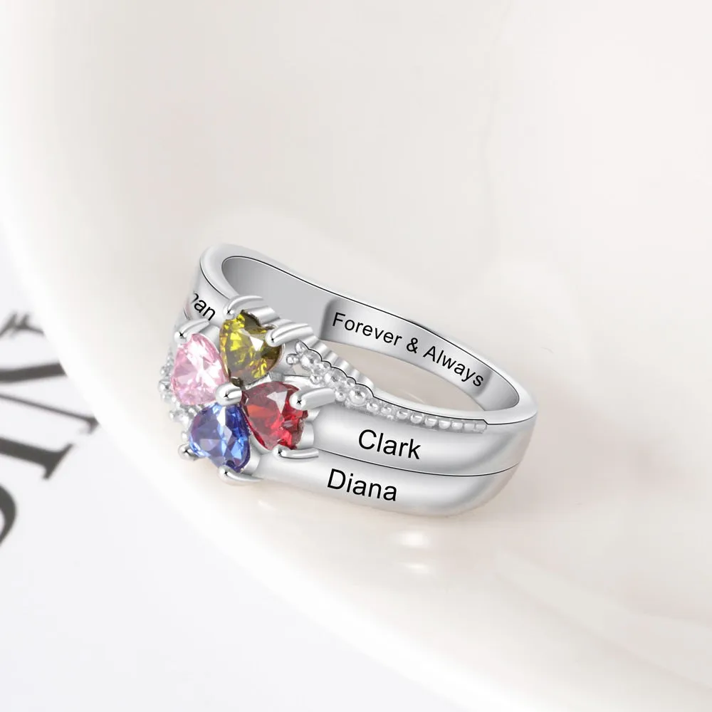 Customized Family Name Mothers Ring with 4 Heart Birthstones Silver Color Personalized Engraved Rings for Women Gifts